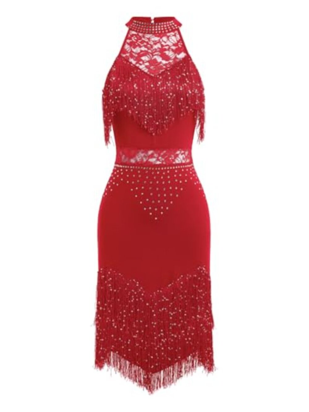 Sequin Tassel Fringe Latin Dance Dress Halter Sleeveless Flapper Ballroom